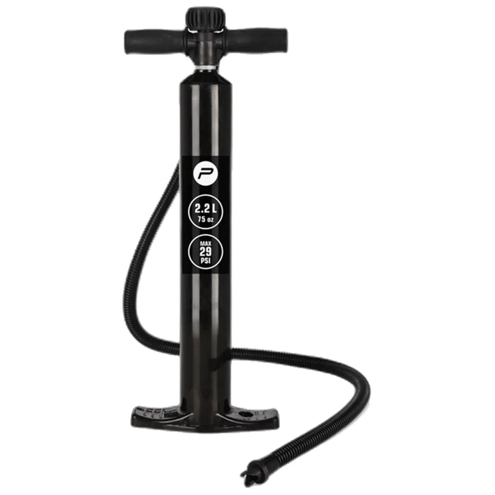 A black air pump stands upright with a T-shaped handle and a coiled hose attached to its base indicating a capacity of 2.2 liters and a maximum pressure of 29 PSI.