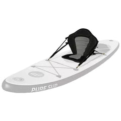A stand-up paddleboard features a central seat designed for comfort, showcasing dynamic graphics and adjustable straps, set against a neutral background to emphasize its design and usability.