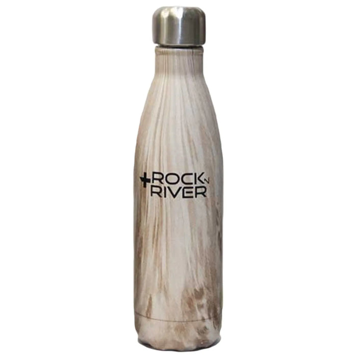 A stainless steel water bottle stands upright featuring a wood-like design with the text ROCK RIVER prominently displayed. It is likely placed against a plain background.