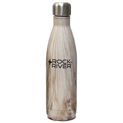 A stainless steel water bottle stands upright featuring a wood-like design with the text ROCK RIVER prominently displayed. It is likely placed against a plain background.