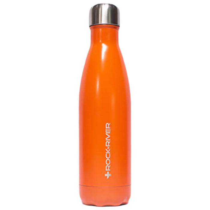 A bright orange insulated water bottle stands upright with a stainless steel cap on top while featuring the brand name ROCK RIVER printed in white on the side.