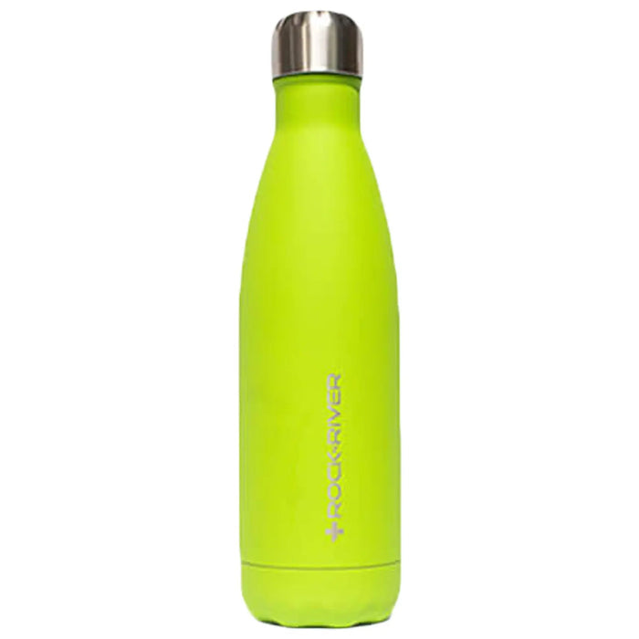 A bright green insulated water bottle stands upright with a stainless steel cap reflecting light its surface appears smooth and matte against a plain background