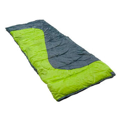 A sleeping bag is spread out flat with a green portion and a gray portion visible featuring stitched patterns providing insulation for warmth during camping or outdoor activities
