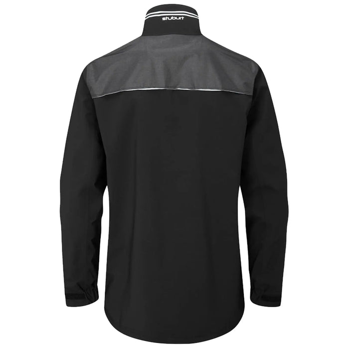 A black long-sleeve shirt with a gray upper back displays a minimalist design featuring a collar and subtle stitching accents suitable for casual or professional wear.