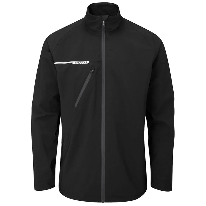 A black jacket hangs vertically with a high collar and a zippered front closure featuring a diagonal zippered pocket on the left chest and a logo on the right side.