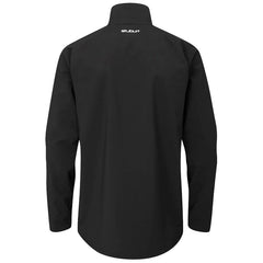 A black long-sleeve shirt hangs vertically displaying a high collar and smooth fabric with a logo on the upper back suggesting a casual or athletic context