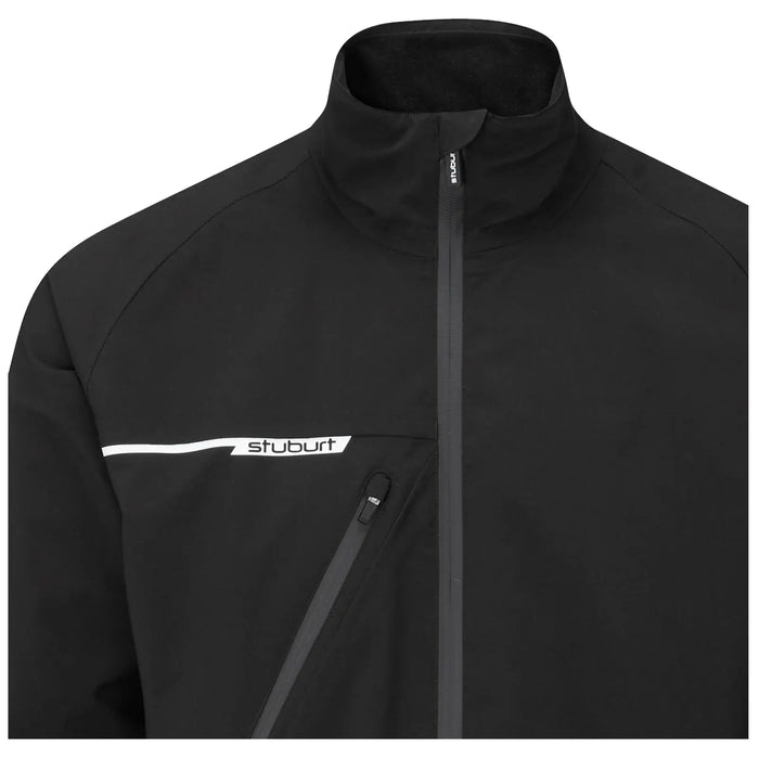 A black sports jacket features a high collar and zippered closure with a white stripe and logo on the chest area set against a plain background.