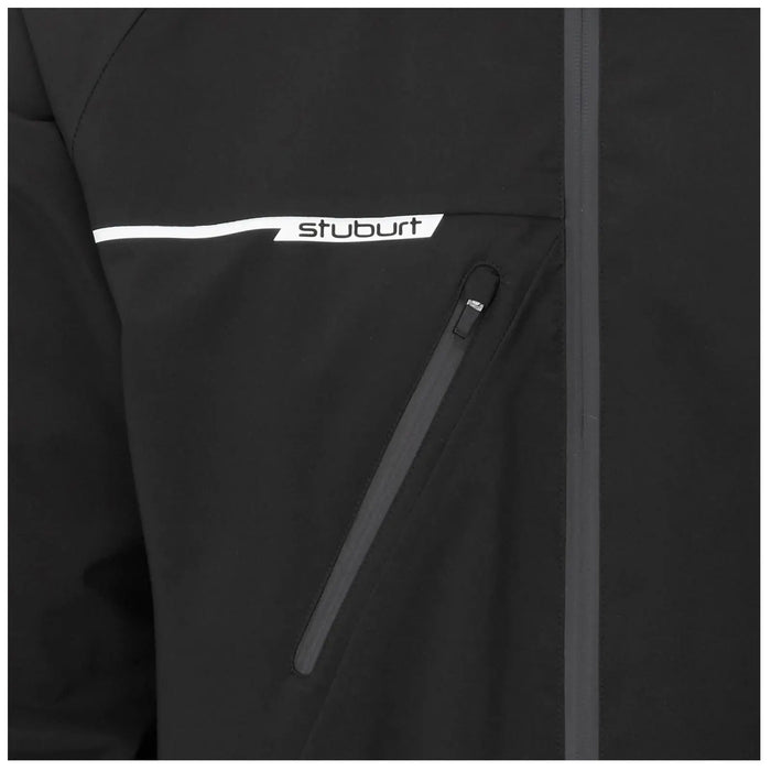 Black jacket with a zipper pocket displays a white logo labeled stuburt on the chest area highlighting its sporty design and functionality in an outdoor context.