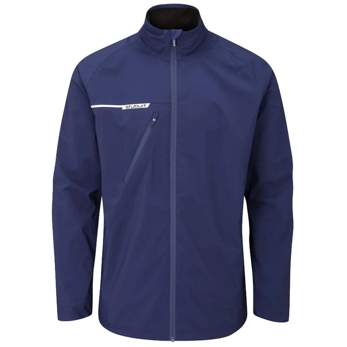 A navy windbreaker jacket hangs upright featuring a full front zipper and a zippered pocket on the chest area designed for outdoor activity and protection against wind and light rain.