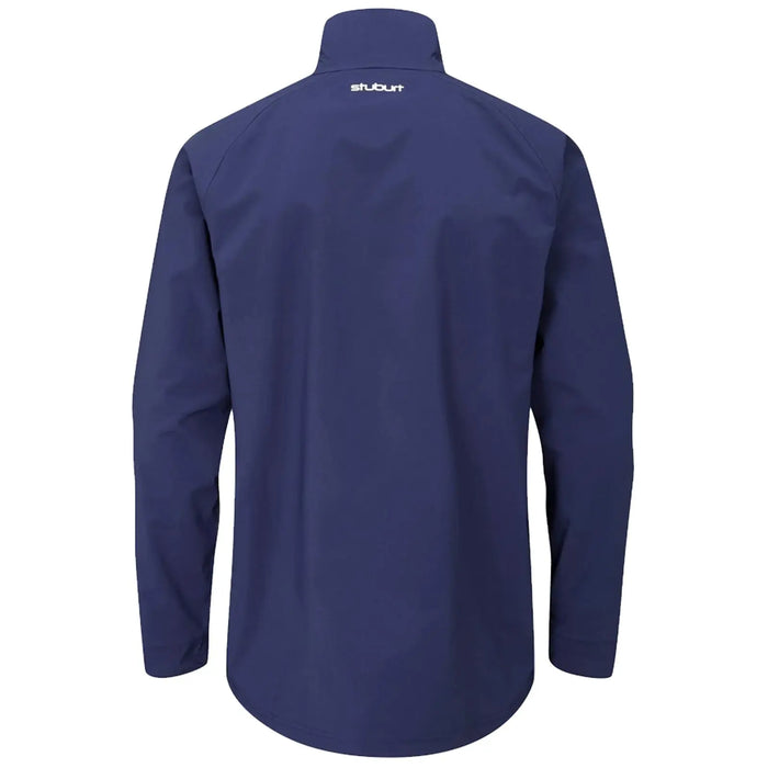 A navy blue long-sleeve shirt is displayed facing away showcasing a high collar and smooth fabric with a logo at the back in a minimalist design with no visible buttons or pockets.