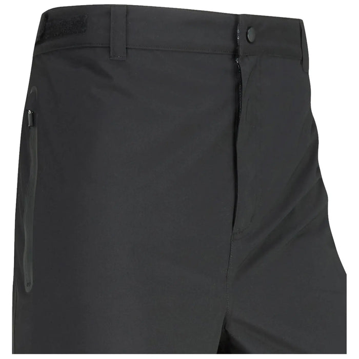 A pair of black shorts is displayed with a zipped pocket on the left side and a button closure at the top indicating a casual or outdoor style suitable for various activities.