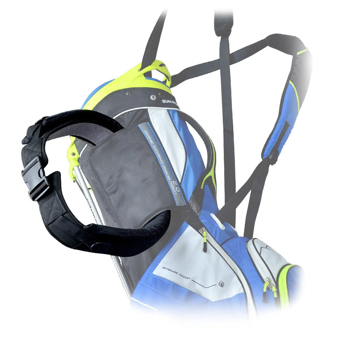 A blue and white backpack features a black detachable strap connected by a buckle the strap is positioned alongside the bag suggesting it can be used for support or carrying.
