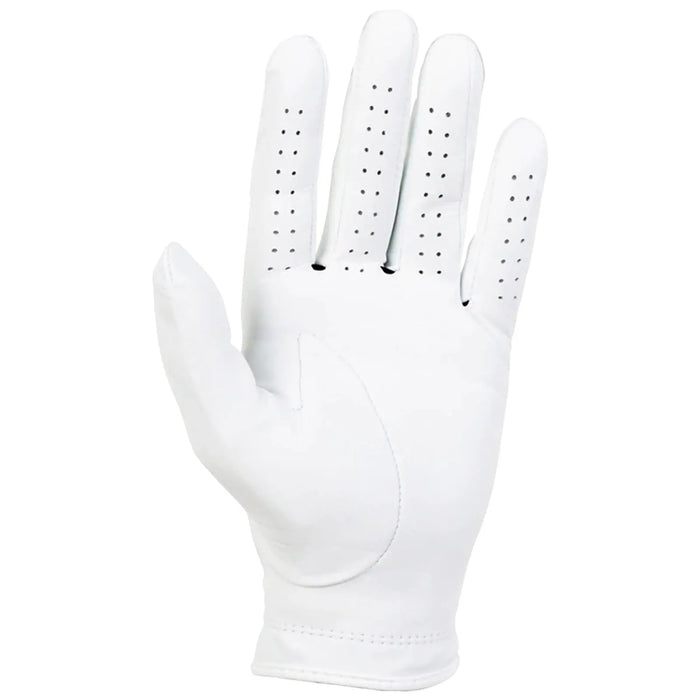 A white golf glove is displayed with all fingers shown and perforations for breathability. It is designed for grip and comfort during golfing activity, highlighting its smooth leather texture.