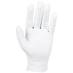 A white golf glove is displayed with all fingers shown and perforations for breathability. It is designed for grip and comfort during golfing activity, highlighting its smooth leather texture.